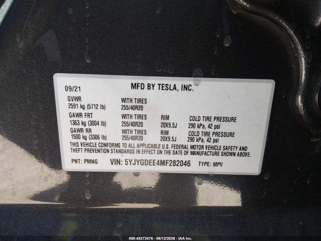 45372476 :رقم المزاد ، 5YJYGDEE4MF282046 vin ، 2021 Tesla Model Y Long Range Dual Motor All-wheel Drive مزاد بيع
