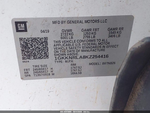 GMC Acadia Sle-1 2019 1GKKNRLA8KZ254416 Image 9