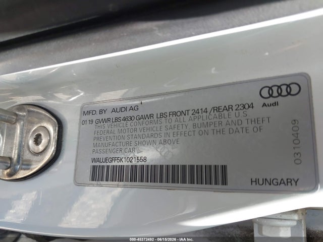 2019 Audi A3 45 Premium მანქანა იყიდება აუქციონზე, vin: WAUJEGFF5K1021558, აუქციონის ნომერი: 45372492