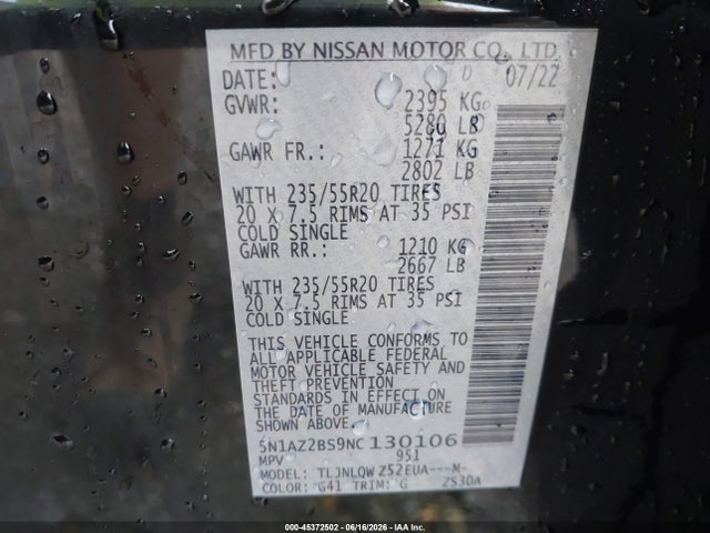 5N1AZ2BS9NC130106 Nissan Murano Sv Intelligent Awd