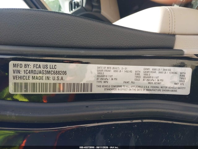 45372513 :رقم المزاد ، 1C4RDJAG3MC688206 vin ، 2021 Dodge Durango Sxt Plus Awd مزاد بيع