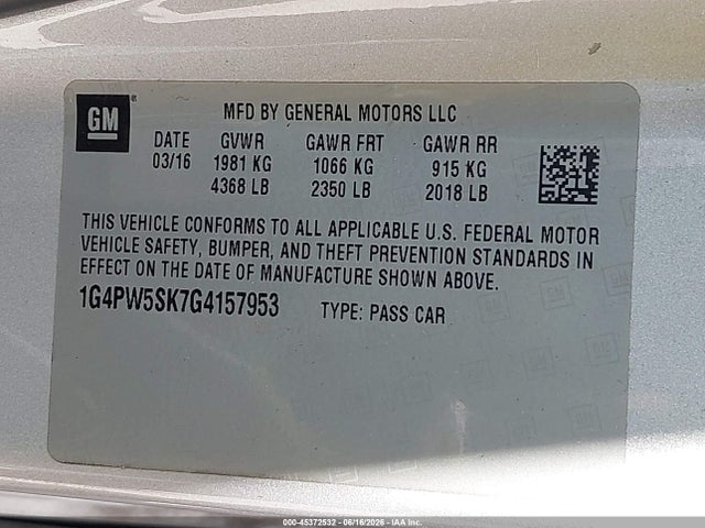 Продажа на аукционе авто 2016 Buick Verano Sport Touring Group, vin: 1G4PW5SK7G4157953, номер лота: 45372532