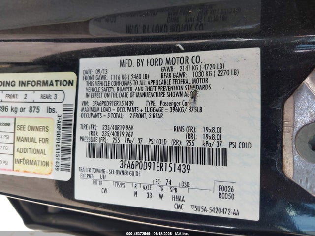 Aukcja sprzedaży 2014 Ford Fusion Titanium, vin: 3FA6P0D91ER151439, numer aukcji: 45372549