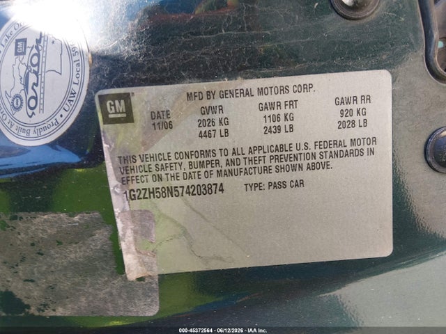45372564 :رقم المزاد ، 1G2ZH58N574203874 vin ، 2007 Pontiac G6 Gt مزاد بيع
