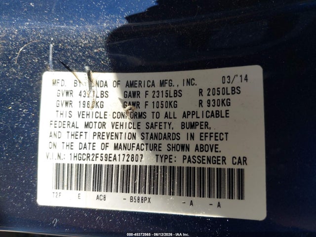 Продаж на аукціоні авто 2014 Honda Accord Sport, vin: 1HGCR2F59EA172807, номер лоту: 45372565