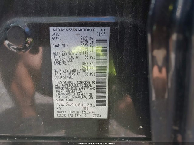 Продаж на аукціоні авто 2015 Nissan Rogue Sv, vin: 5N1AT2MV5FC841781, номер лоту: 45372566