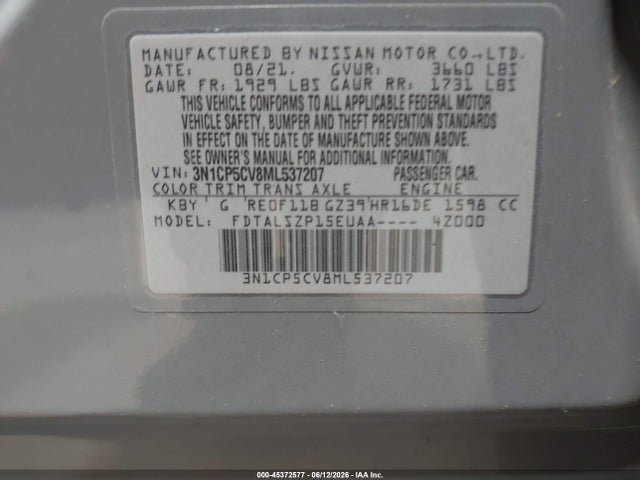 Продажа на аукционе авто 2021 Nissan Kicks Sv Xtronic Cvt, vin: 3N1CP5CV8ML537207, номер лота: 45372577