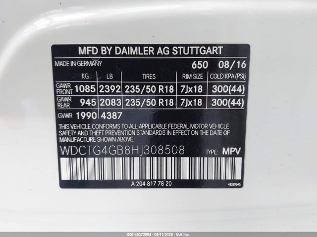 WDCTG4GB8HJ308508 Mercedes-Benz Gla 250 4matic