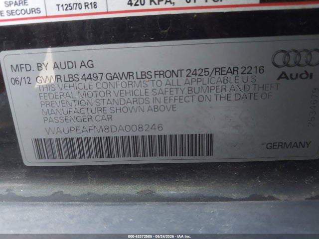 Продажа на аукционе авто 2013 Audi A3 2.0t Premium, vin: WAUPEAFM8DA008246, номер лота: 45372585