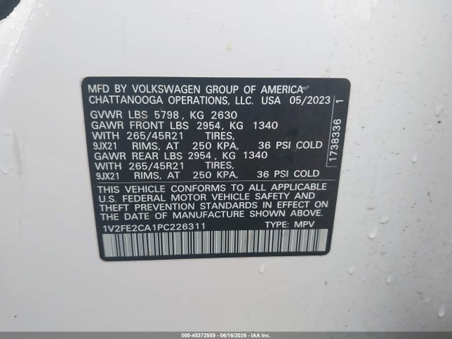 1V2FE2CA1PC226311 Volkswagen Atlas Cross Sport 3.6l V6 Sel Premium R-line