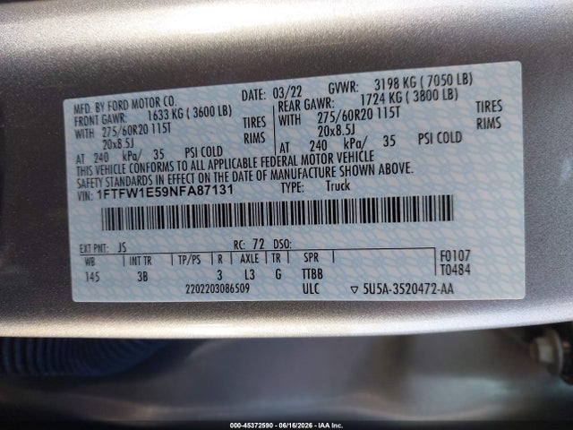 Ford F-150 Platinum 2022 1FTFW1E59NFA87131 Image 9