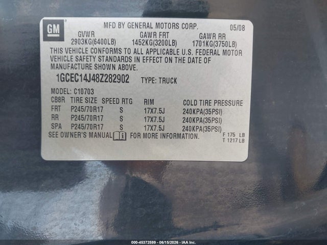 45372599 :رقم المزاد ، 1GCEC14J48Z282902 vin ، 2008 Chevrolet Silverado 1500 Lt1 مزاد بيع