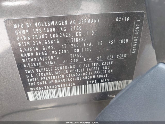 Aukcja sprzedaży 2016 Volkswagen Tiguan S, vin: WVGAV7AX4GW586456, numer aukcji: 45372606