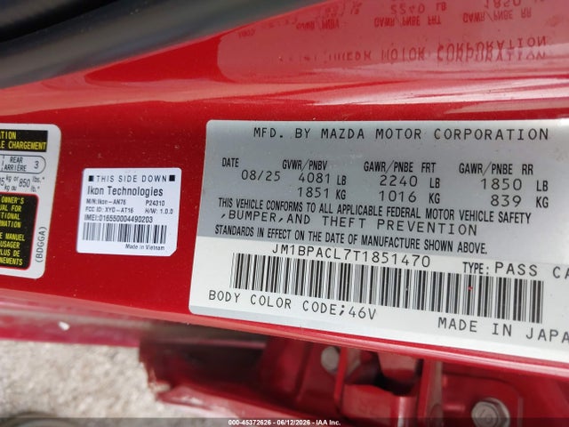 Aukcja sprzedaży 2026 Mazda Mazda3 2.5 S Preferred, vin: JM1BPACL7T1851470, numer aukcji: 45372626