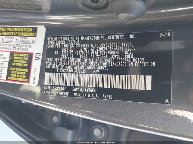 Aukcja sprzedaży 2010 Toyota Venza Base V6, vin: 4T3BK3BB0AU038635, numer aukcji: 45372628