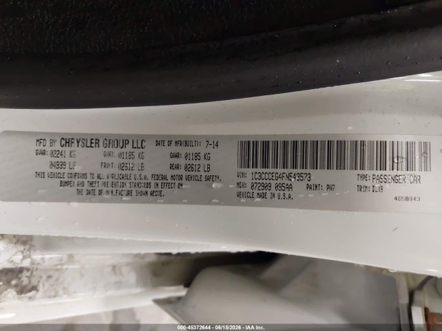 2015 Chrysler 200 C მანქანა იყიდება აუქციონზე, vin: 1C3CCCEG4FN543573, აუქციონის ნომერი: 45372644