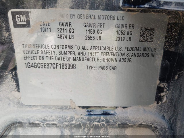 Aukcja sprzedaży 2012 Buick Lacrosse Leather Group, vin: 1G4GC5E37CF185098, numer aukcji: 45372652