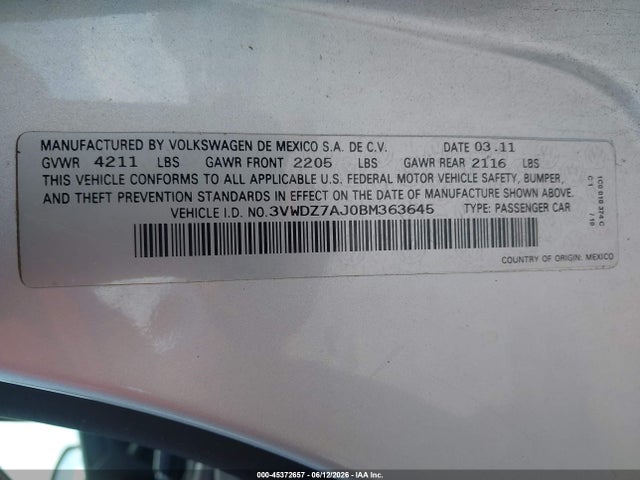 2011 Volkswagen Jetta 2.5l Se მანქანა იყიდება აუქციონზე, vin: 3VWDZ7AJ0BM363645, აუქციონის ნომერი: 45372657