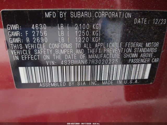 Aukcja sprzedaży 2024 Subaru Legacy Limited, vin: 4S3BWAN67R3020235, numer aukcji: 45372669