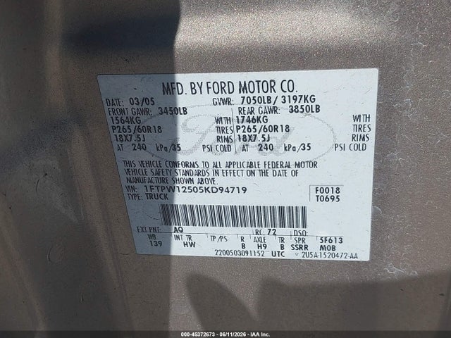 Aukcja sprzedaży 2005 Ford F-150 Lariat/xlt, vin: 1FTPW12505KD94719, numer aukcji: 45372673