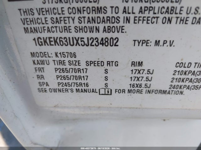 45372679 :رقم المزاد ، 1GKEK63UX5J234802 vin ، 2005 Gmc Yukon Denali مزاد بيع