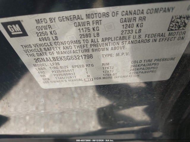 Aukcja sprzedaży 2016 Chevrolet Equinox Ls, vin: 2GNALBEK5G6321798, numer aukcji: 45372688