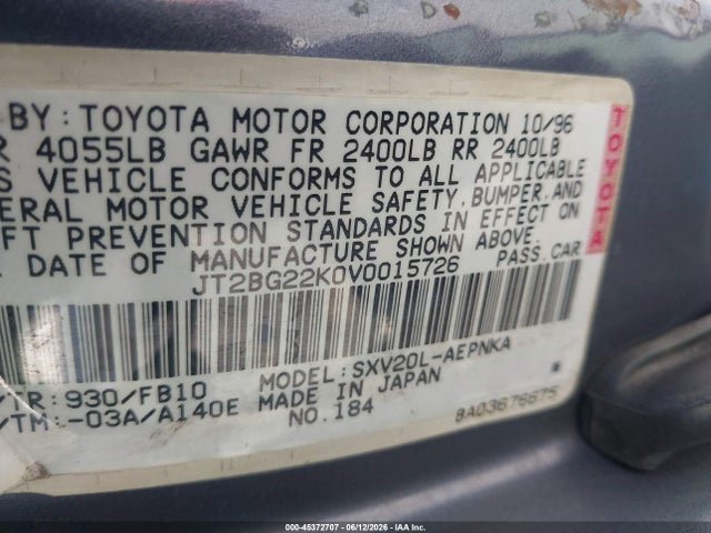 Aukcja sprzedaży 1997 Toyota Camry Le/xle, vin: JT2BG22K0V0015726, numer aukcji: 45372707
