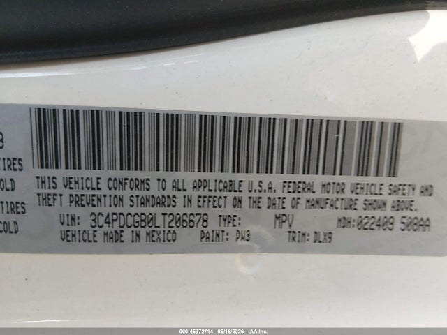 45372714 :رقم المزاد ، 3C4PDCGB0LT206678 vin ، 2020 Dodge Journey Crossroad مزاد بيع