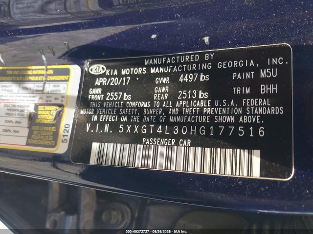 45372727 :رقم المزاد ، 5XXGT4L30HG177516 vin ، 2017 Kia Optima Lx مزاد بيع