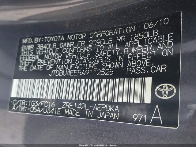45372732 :رقم المزاد ، JTDBU4EE5A9112525 vin ، 2010 Toyota Corolla Le مزاد بيع