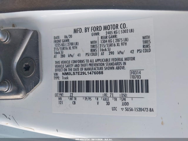 45372734 :رقم المزاد ، NM0LS7E29L1476088 vin ، 2020 Ford Transit Connect Xl مزاد بيع