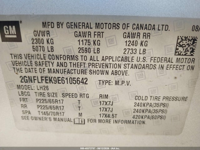 45372757 :رقم المزاد ، 2GNFLFEK9E6105642 vin ، 2014 Chevrolet Equinox Lt مزاد بيع