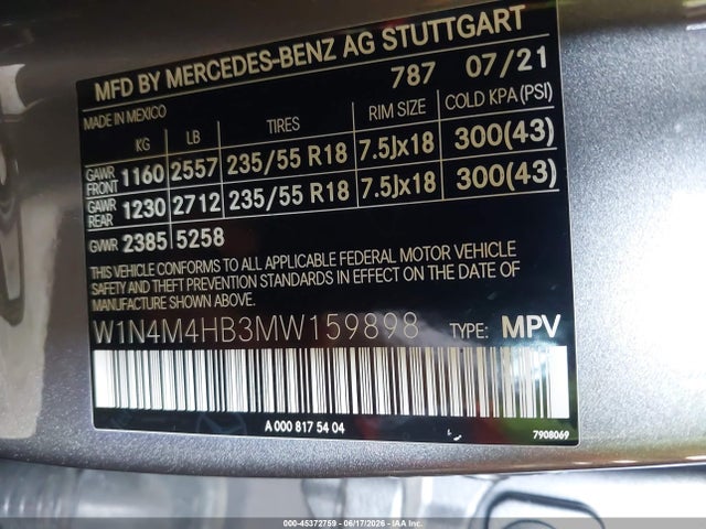 45372759 :رقم المزاد ، W1N4M4HB3MW159898 vin ، 2021 Mercedes-benz Glb 250 4matic مزاد بيع