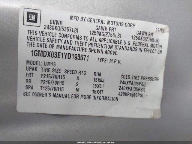 2000 Pontiac Montana M16 მანქანა იყიდება აუქციონზე, vin: 1GMDX03E1YD193571, აუქციონის ნომერი: 45372766