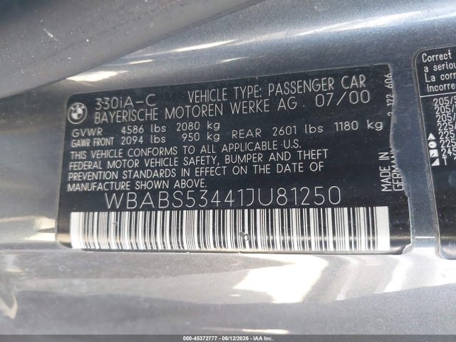 45372777 :رقم المزاد ، WBABS53441JU81250 vin ، 2001 Bmw 330ci مزاد بيع