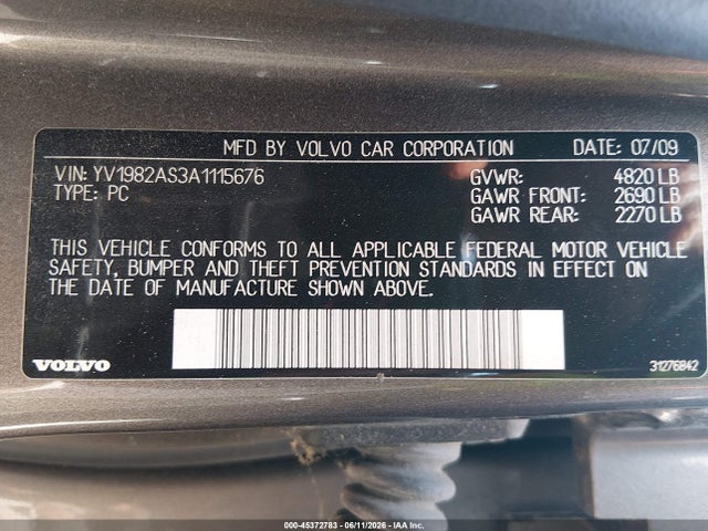 45372783 :رقم المزاد ، YV1982AS3A1115676 vin ، 2010 Volvo S80 3.2 مزاد بيع