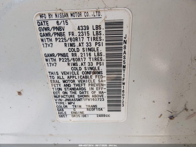45372814 :رقم المزاد ، JN8AS5MT1FW160723 vin ، 2015 Nissan Rogue Select S مزاد بيع