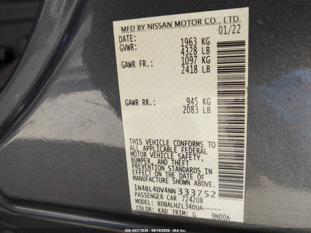 1N4BL4DV4NN333752 Nissan Altima Sv Fwd