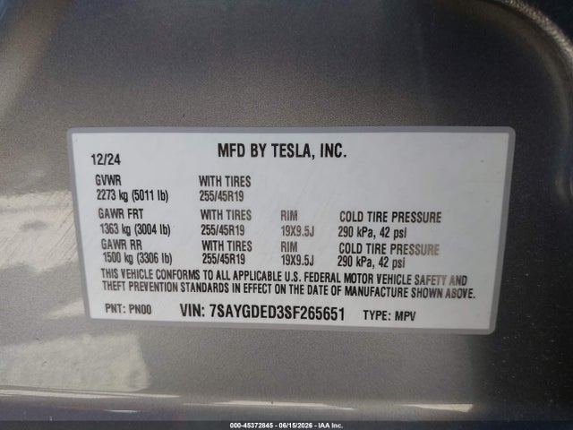 Aukcja sprzedaży 2025 Tesla Model Y Long Range Dual Motor Rear-wheel Drive, vin: 7SAYGDED3SF265651, numer aukcji: 45372845
