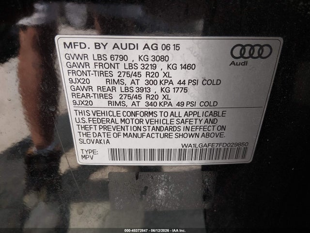 2015 Audi Q7 3.0t Premium მანქანა იყიდება აუქციონზე, vin: WA1LGAFE7FD029850, აუქციონის ნომერი: 45372847