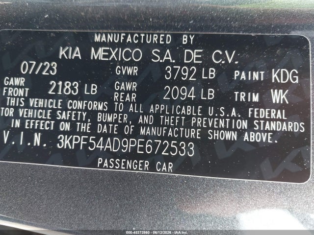 2023 Kia Forte Gt-line მანქანა იყიდება აუქციონზე, vin: 3KPF54AD9PE672533, აუქციონის ნომერი: 45372860