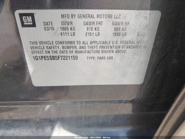 Продаж на аукціоні авто 2015 Chevrolet Cruze 2lt Auto, vin: 1G1PE5SB5F7221159, номер лоту: 45372865