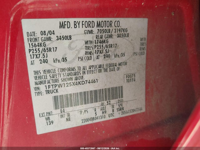 Продаж на аукціоні авто 2004 Ford F-150 Lariat/xlt, vin: 1FTPW125X4KD74461, номер лоту: 45372867