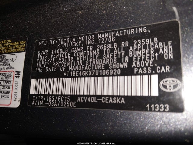 45372872 :رقم المزاد ، 4T1BE46KX7U106920 vin ، 2007 Toyota Camry Se مزاد بيع