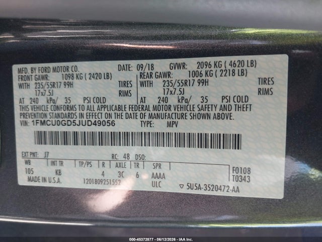 45372877 :رقم المزاد ، 1FMCU0GD5JUD49056 vin ، 2018 Ford Escape Se مزاد بيع