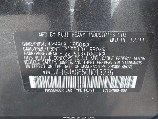 Продажа на аукционе авто 2012 Subaru Impreza 2.0i Limited, vin: JF1GJAG65CH013236, номер лота: 45372882