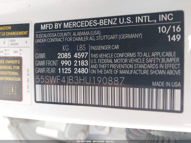 Продажа на аукционе авто 2017 Mercedes-benz C 300, vin: 55SWF4JB3HU190887, номер лота: 45372895