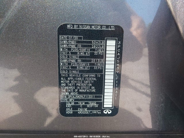 Aukcja sprzedaży 2020 Infiniti Qx50 Luxe Awd, vin: 3PCAJ5M39LF113311, numer aukcji: 45372913