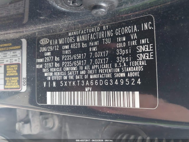 Продажа на аукционе авто 2013 Kia Sorento Lx, vin: 5XYKT3A66DG349524, номер лота: 45372917