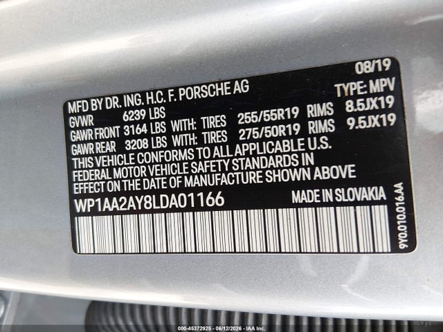 Продаж на аукціоні авто 2020 Porsche Cayenne, vin: WP1AA2AY8LDA01166, номер лоту: 45372925